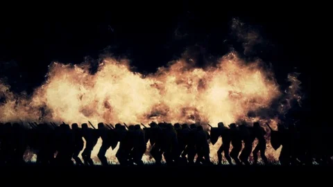 Army of Knights Marching on a Massive Fire Background Stock Footage 94334002