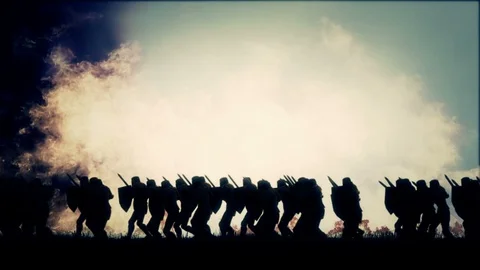 Army of Knights Marching Under a Massive Fire and Storm Stock Footage 94334862