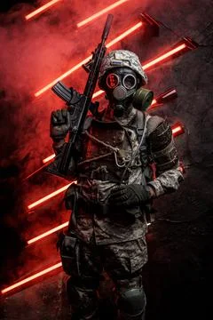 Army man in apocalyptic style against red background with neon Stock Photos