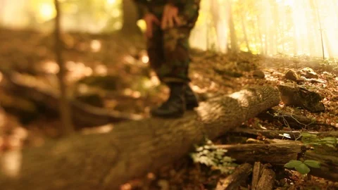 Army Man in Forest, Low Angle HD Video Stock Footage 90457208