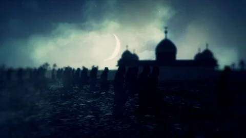 Army March Close to a Muslim Mosque at Night with a Crescent Moon Stock Footage 72820235