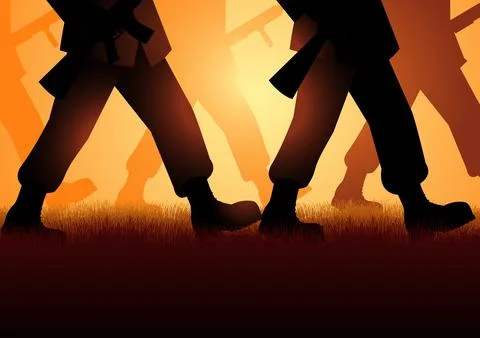Army marching on grassland Stock Illustration