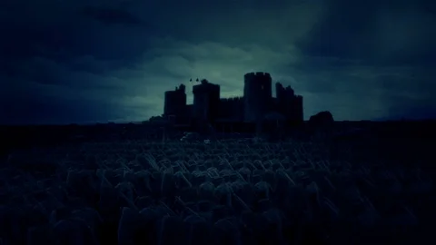 Army of Medieval Knights Marching Next to Castle Stock Footage 94607257