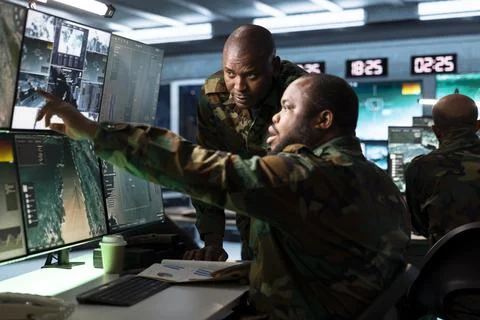 Army operator pointing at surveillance systems monitor to show colleague Stock Photos
