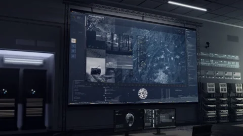Army planet surveillance tech analyzes multiple enemy military tanks on ground Stock Footage 252486273