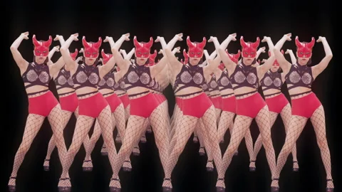 Army of Red Evil Demon Dancing Girls with hologram effect VJ Loop Stock Footage 145126364