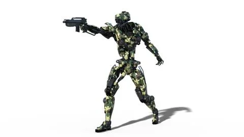 Army robot, armed forces cyborg, military android soldier aiming and shooting Stock Illustration