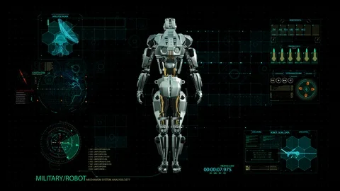 Army Robot, military Cyber Mech with infographic data rotating on black Stock Footage
