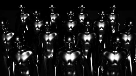 Army of robots. A crowd of cyborg workers marching in formation. 3D looped Stock Footage 246638661