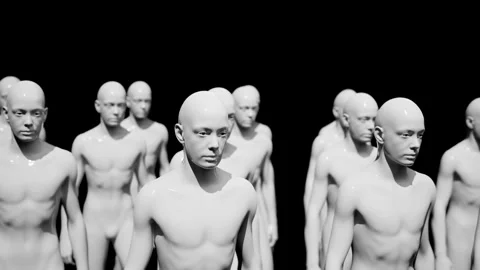 Army of robots. A crowd of cyborg workers marching in formation. 3D animation Stock Footage 246640390