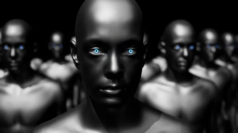 Army of robots. A crowd of cyborg workers marching in formation. 3D looped Stock Footage 246693378