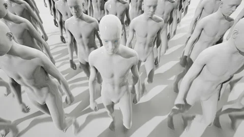 Army of robots. A crowd of cyborg workers marching in formation. 3D animation Stock Footage 246698988