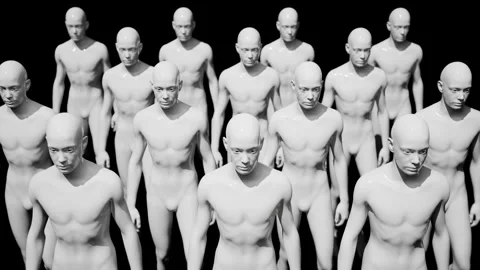 Army of robots. A crowd of cyborg workers marching in formation. 3D looped Stock Footage 246920361