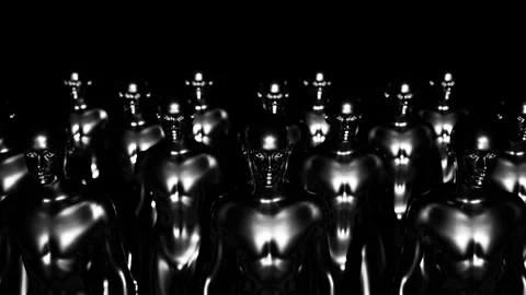 Army of robots. A crowd of cyborg workers marching in formation. 3D animation Stock Footage 246922581
