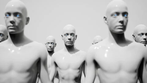 Army of robots. A crowd of cyborg workers marching in formation. 3D animation Stock Footage 246922906