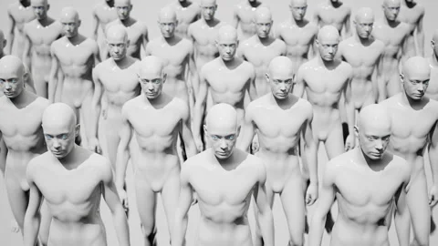 Army of robots. A crowd of cyborg workers marching in formation. 3D looped Stock Footage 247199844