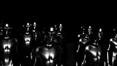 Army of robots. A crowd of cyborg workers marching in formation. 3D animation Stock Footage 247201991