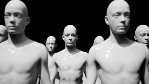 Army of robots. A crowd of cyborg workers marching in formation. 3D animation Stock Footage 247203572