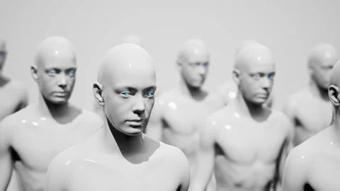 Army of robots. A crowd of cyborg workers marching in formation. 3D animation Stock Footage 247205290