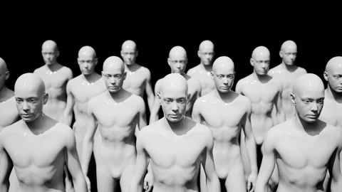 Army of robots. A crowd of cyborg workers marching in formation. 3D animation Stock Footage 247832056