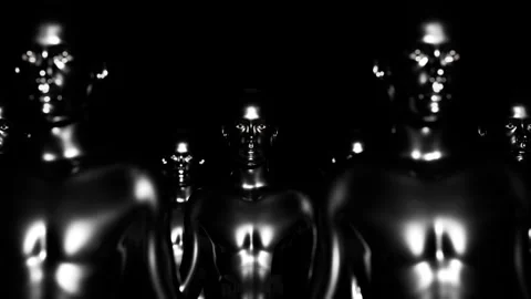 Army of robots. A crowd of cyborg workers marching in formation. 3D animation Stock Footage 247834085