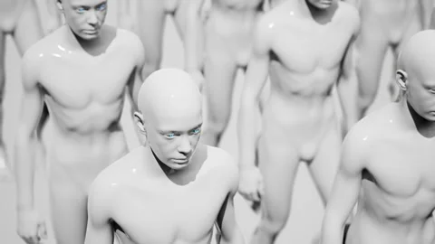 Army of robots. A crowd of cyborg workers marching in formation. 3D looped Stock Footage 247837621