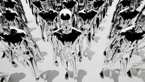 Army of robots. A crowd of cyborg workers marching in formation. 3D animation Stock Footage 247839363