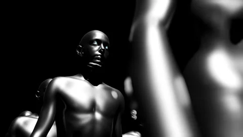 Army of robots. A crowd of cyborg workers marching in formation. 3D animation Stock Footage 248245909