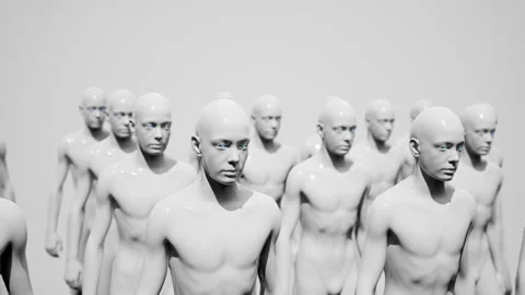 Army of robots. A crowd of cyborg workers marching in formation. 3D animation Stock Footage 249265834