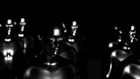 Army of robots. A crowd of cyborg workers marching in formation. 3D animation Stock Footage 249267620