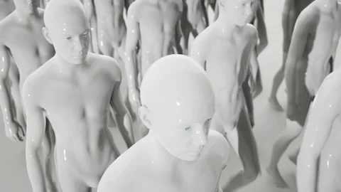 Army of robots. A crowd of cyborg workers marching in formation. 3D animation Stock Footage 249270566