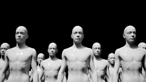 Army of robots. A crowd of cyborg workers marching in formation. 3D render Stockillustratie