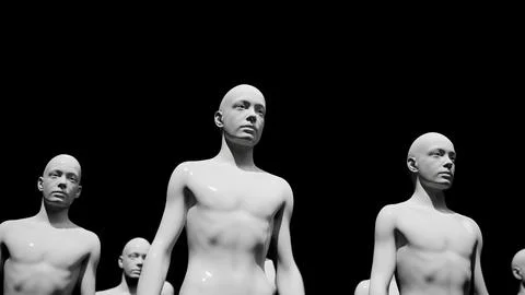 Army of robots. A crowd of cyborg workers marching in formation. 3D render Stock Illustration