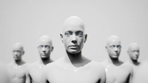 Army of robots. A crowd of cyborg workers marching in formation. 3D render イラスト素材