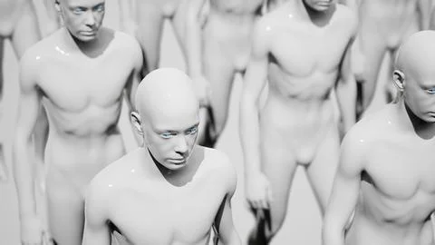 Army of robots. A crowd of cyborg workers marching in formation. 3D render イラスト素材