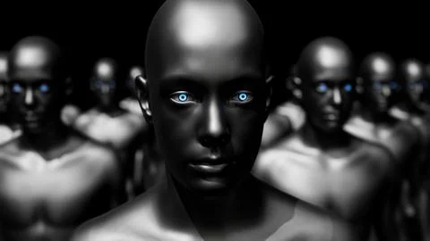 Army of robots. A crowd of cyborg workers marching in formation. 3D render Stock Illustration