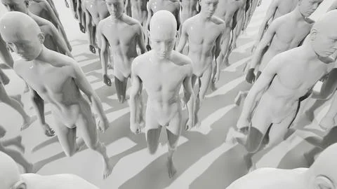 Army of robots. A crowd of cyborg workers marching in formation. 3D render 스톡 일러스트