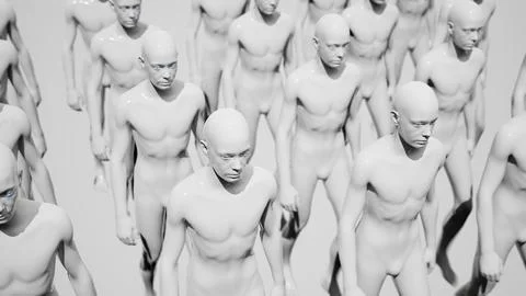 Army of robots. A crowd of cyborg workers marching in formation. 3D render Stockillustratie