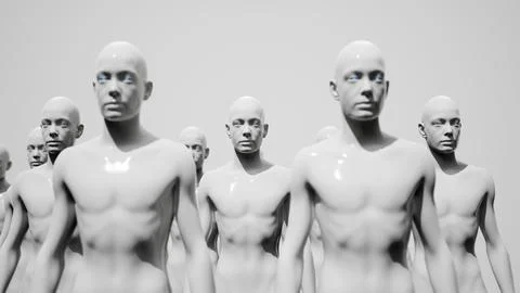 Army of robots. A crowd of cyborg workers marching in formation. 3D render Illustrazione stock