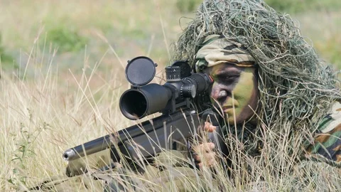 Army sniper lying and aiming in grass carrying his gun Video stock 85674188