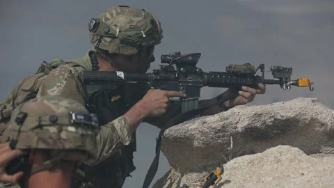 Army soldier aiming weapon Stock Footage 268824087