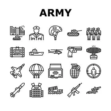 Army Soldier And War Technics Icons Set Vector Illustrazione stock