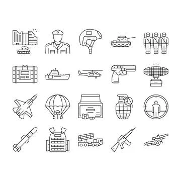 Army Soldier And War Technics Icons Set Vector . 스톡 일러스트