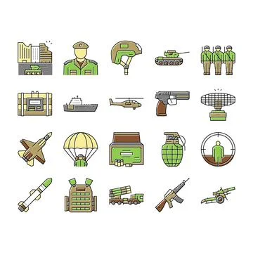 Army Soldier And War Technics Icons Set Vector . Stock Illustration