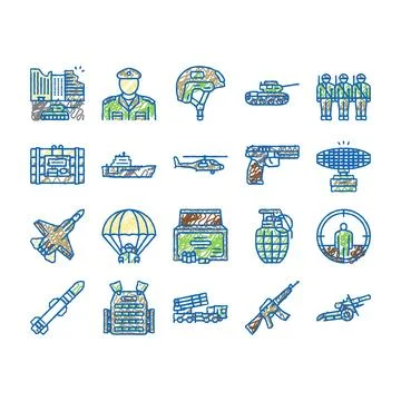 Army Soldier And War Technics Icons hand drawn 스톡 일러스트