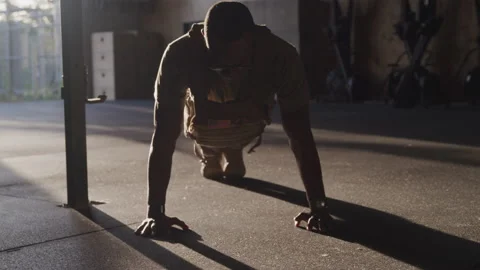 Army Soldier Doing Pushups in a Gym While Training at Base Camp Video stock 208782909