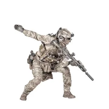 Army soldier going in attack isolated studio shoot Stock Photos
