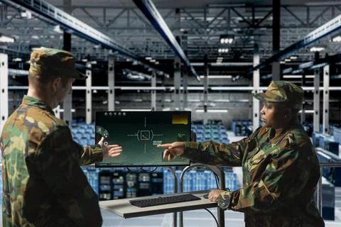 Army soldiers in data center using digital crosshairs to lock onto enemy targets Stock Photos
