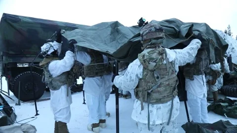 Army soldiers erecting canopy during Arctic training exercise Stock Footage 260312701