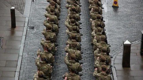 Army Soldiers Marching during parade. View from above. looking down Video stock 124310108